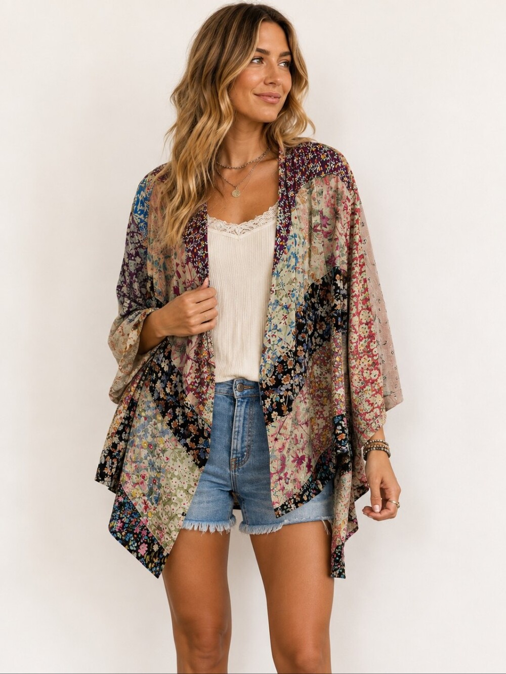 Young Threads Patchwork Floral Boho Draped Cardigan Kimono Jacket Size L NWT